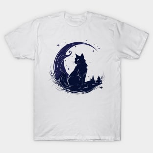 Cat Under Moon Sky Furry Cute Vector Graphic T-Shirt